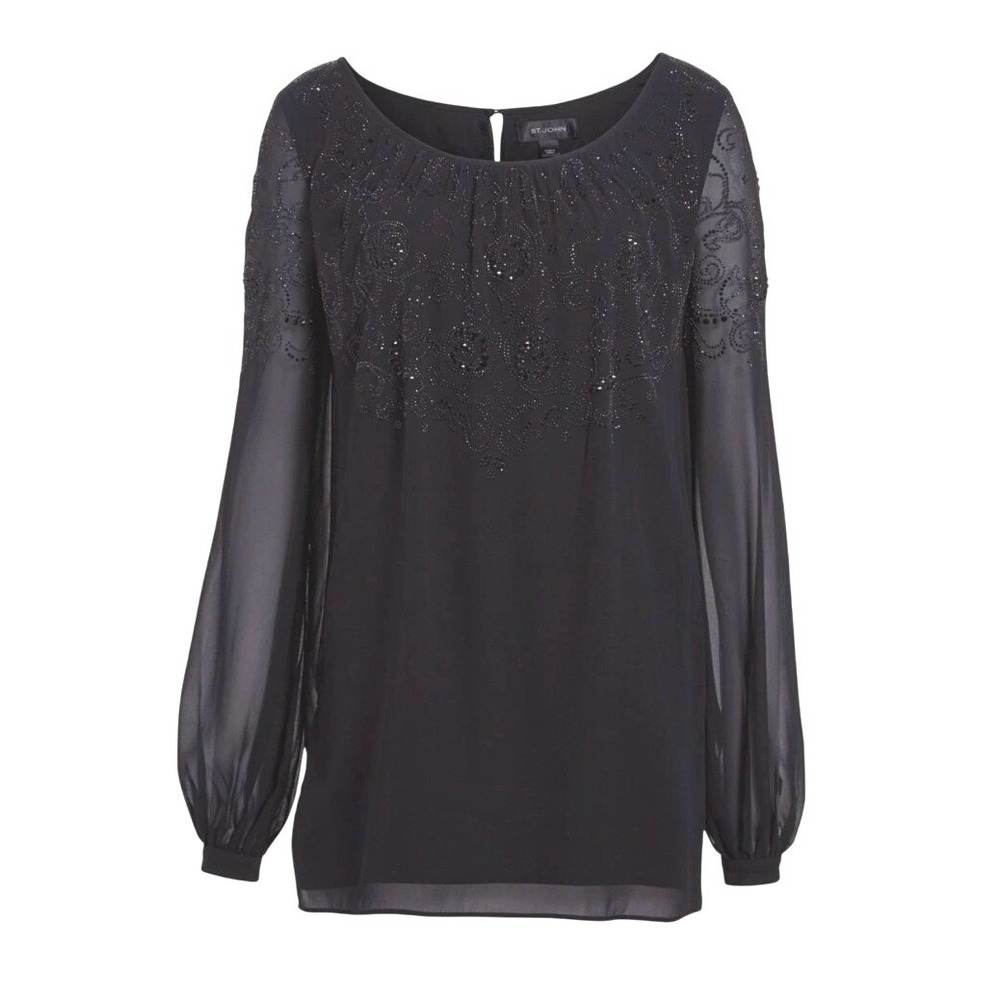 St. John Collection Black 100% Silk Beaded Chiffon Blouse Sheer Scoop Neck Sz 2